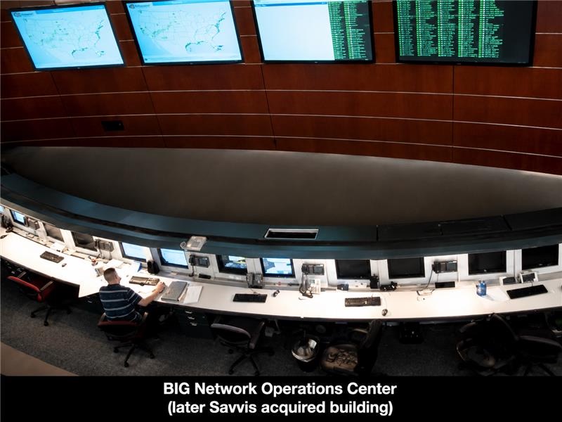 BIG Network Operations Center with wall monitors showing US maps and status logs, curved white operator desk
