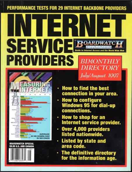 Boardwatch Magazine Internet Service Providers directory cover, July/August 1997, advertising performance tests for 29 Internet backbone providers with a bar chart of average download times