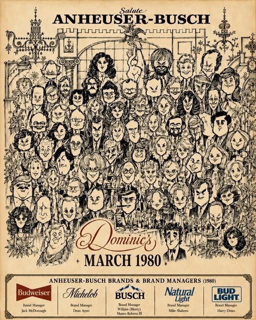 Salute Anheuser-Busch caricature poster from Dominic's, March 1980, listing brand managers including William (Monty) Munro Roberts III for Busch