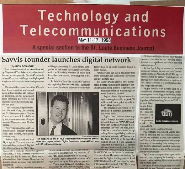 St. Louis Business Journal special section, May 11–17, 1998: Savvis founder launches digital network