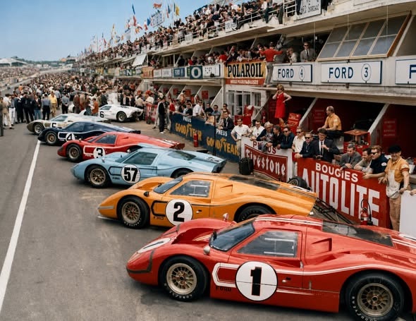 Ford GT40 and Mark IV race cars lined up in the pit lane at Le Mans, with FORD pit signs and Goodyear, Firestone and Autolite sponsor boards