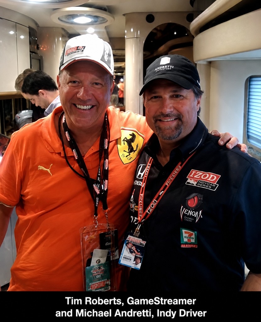 Tim Roberts of GameStreamer with Indy driver Michael Andretti at an IZOD IndyCar hospitality event