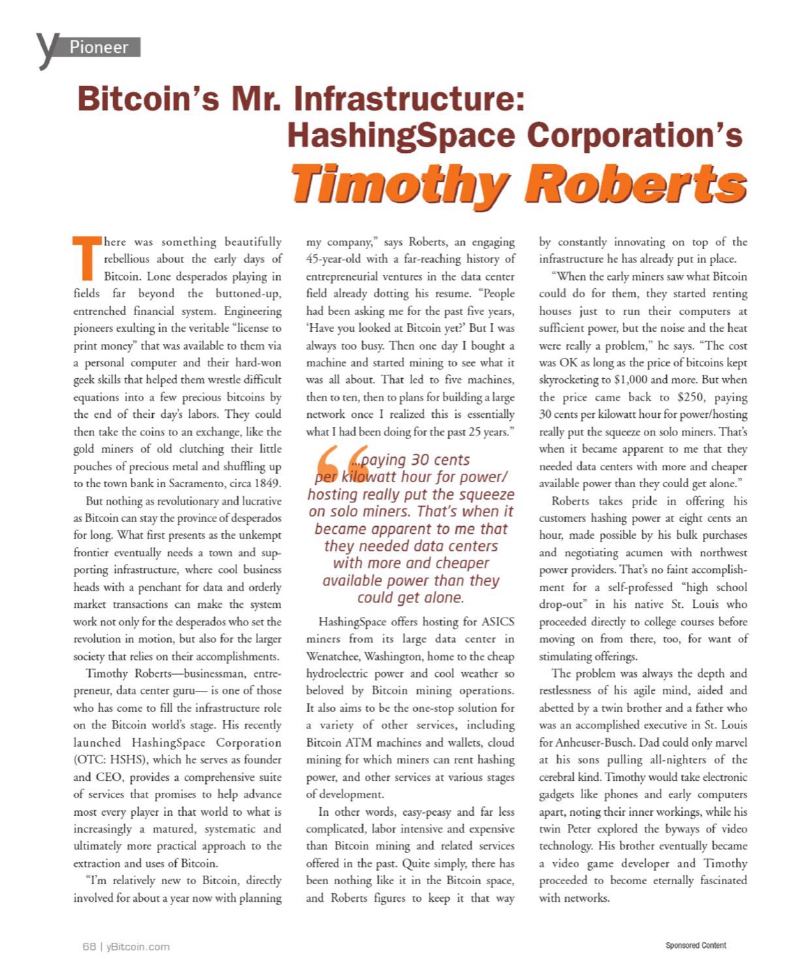 yBitcoin article: Bitcoin's Mr. Infrastructure — HashingSpace Corporation's Timothy Roberts