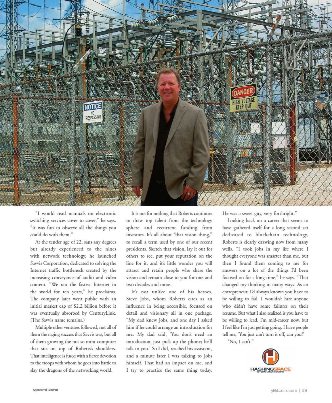 yBitcoin article second page with Timothy Roberts at an electrical substation