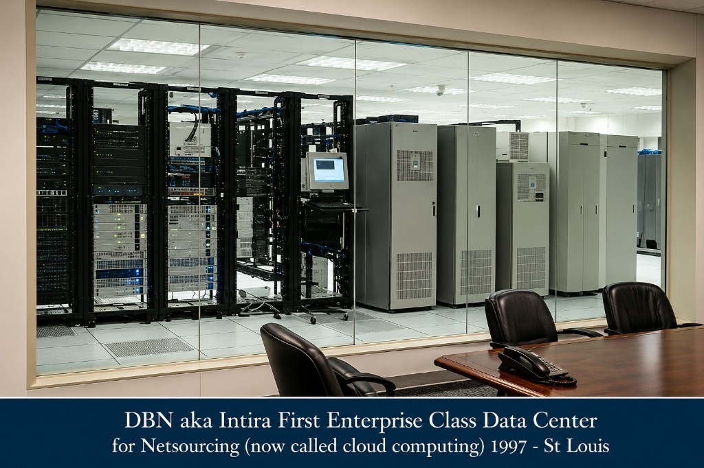 Glass-walled conference room looking into the 1997 DBN/Intira St. Louis enterprise data center