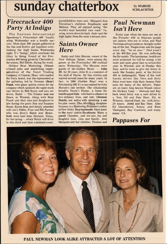 Sunday Chatterbox newspaper column by Margie Schlachter with a photograph captioned Paul Newman look alike attracted a lot of attention, featuring William (Monty) Munro Roberts III