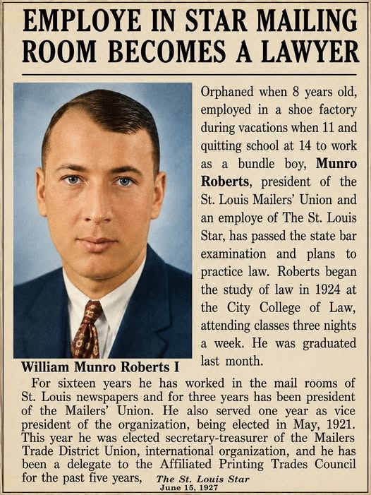 The St. Louis Star, June 15, 1927: Employe in Star Mailing Room Becomes a Lawyer — portrait of William Munro Roberts I