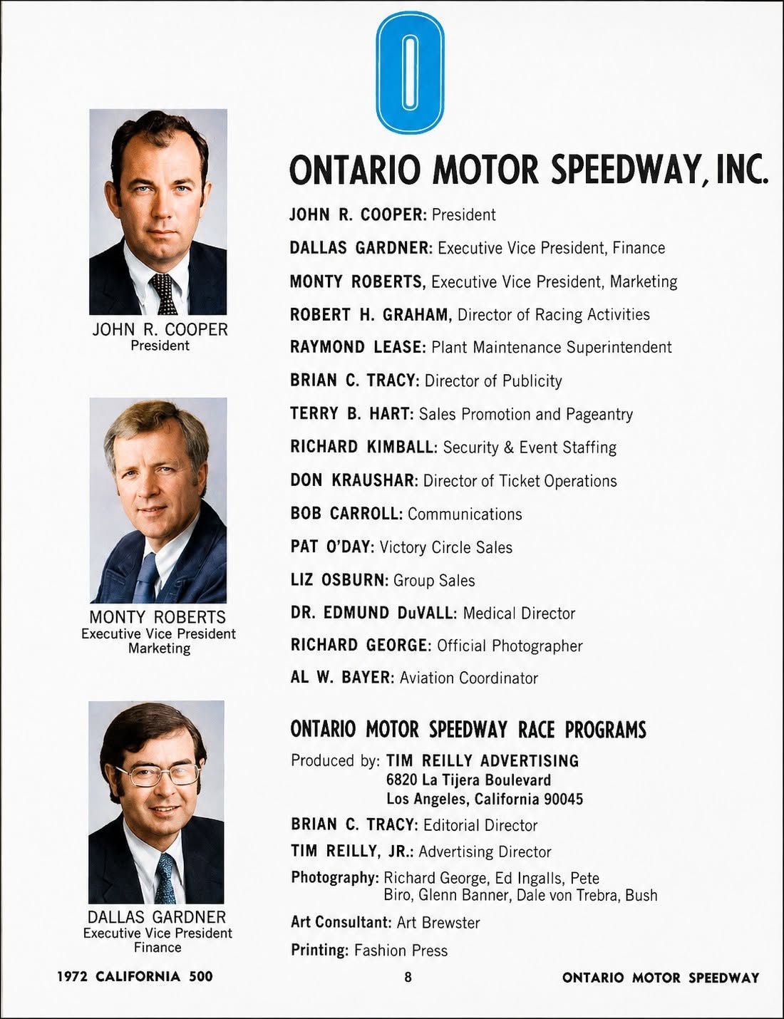 Ontario Motor Speedway, Inc. race program page 8 from the 1972 California 500, with portraits of John R. Cooper, Monty Roberts as Executive Vice President Marketing, and Dallas Gardner