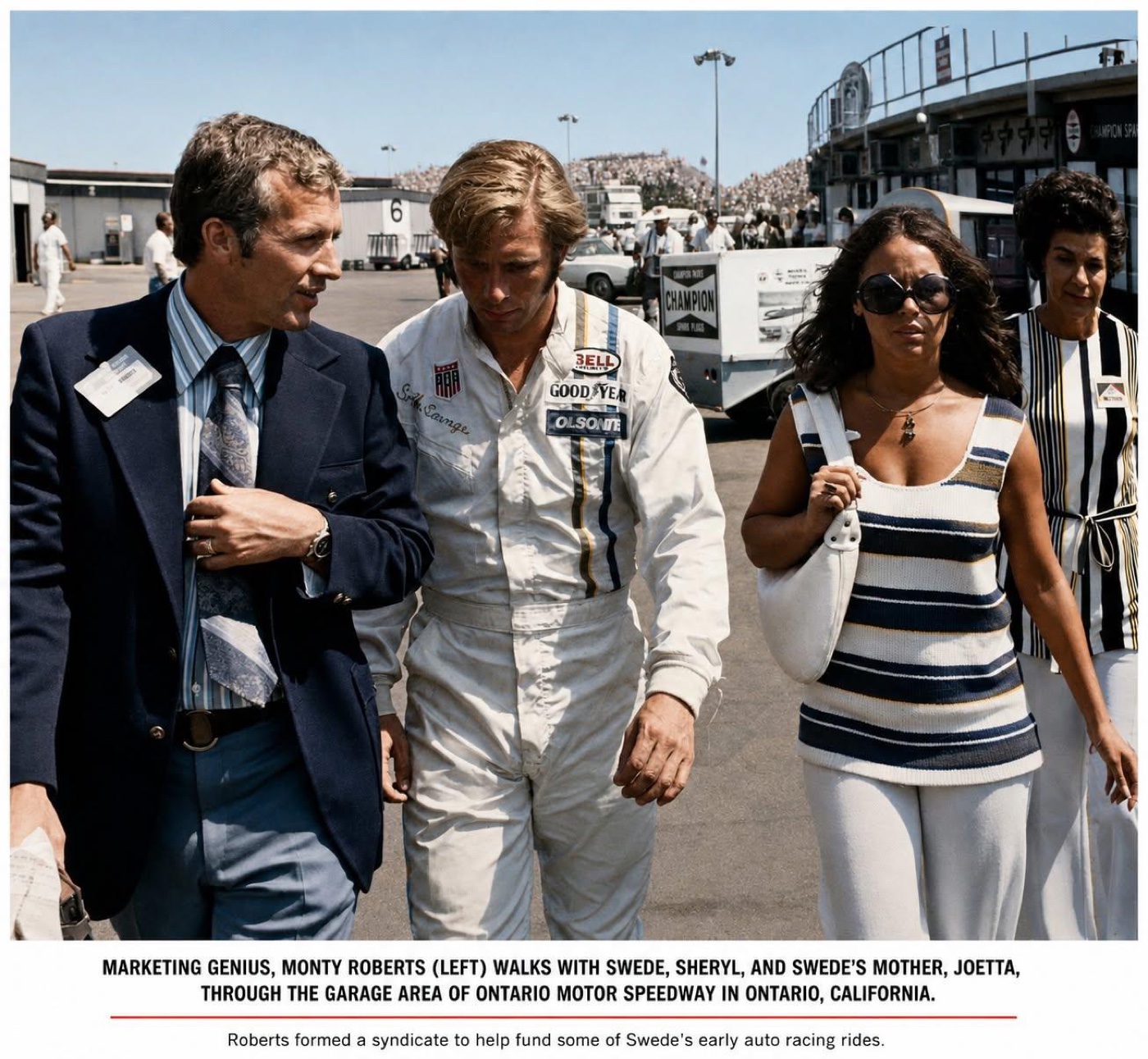 Monty Roberts walks with driver Swede Savage, Sheryl and Swede's mother Joetta through the garage area of Ontario Motor Speedway in Ontario, California