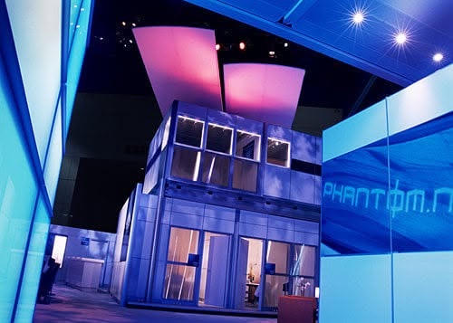 The two-story Phantom booth structure in blue lighting