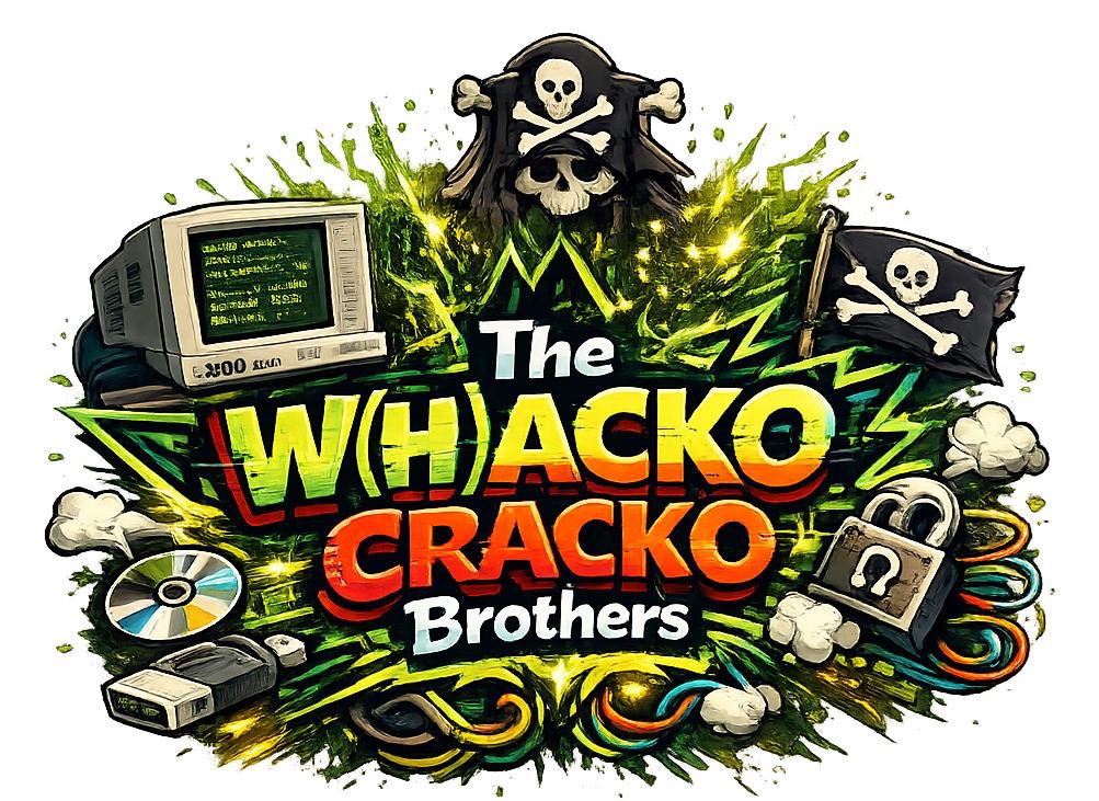 Illustrated emblem reading 'The W(h)acko Cracko Brothers' surrounded by a retro computer, pirate flags, a padlock, a floppy disk and tangled cables