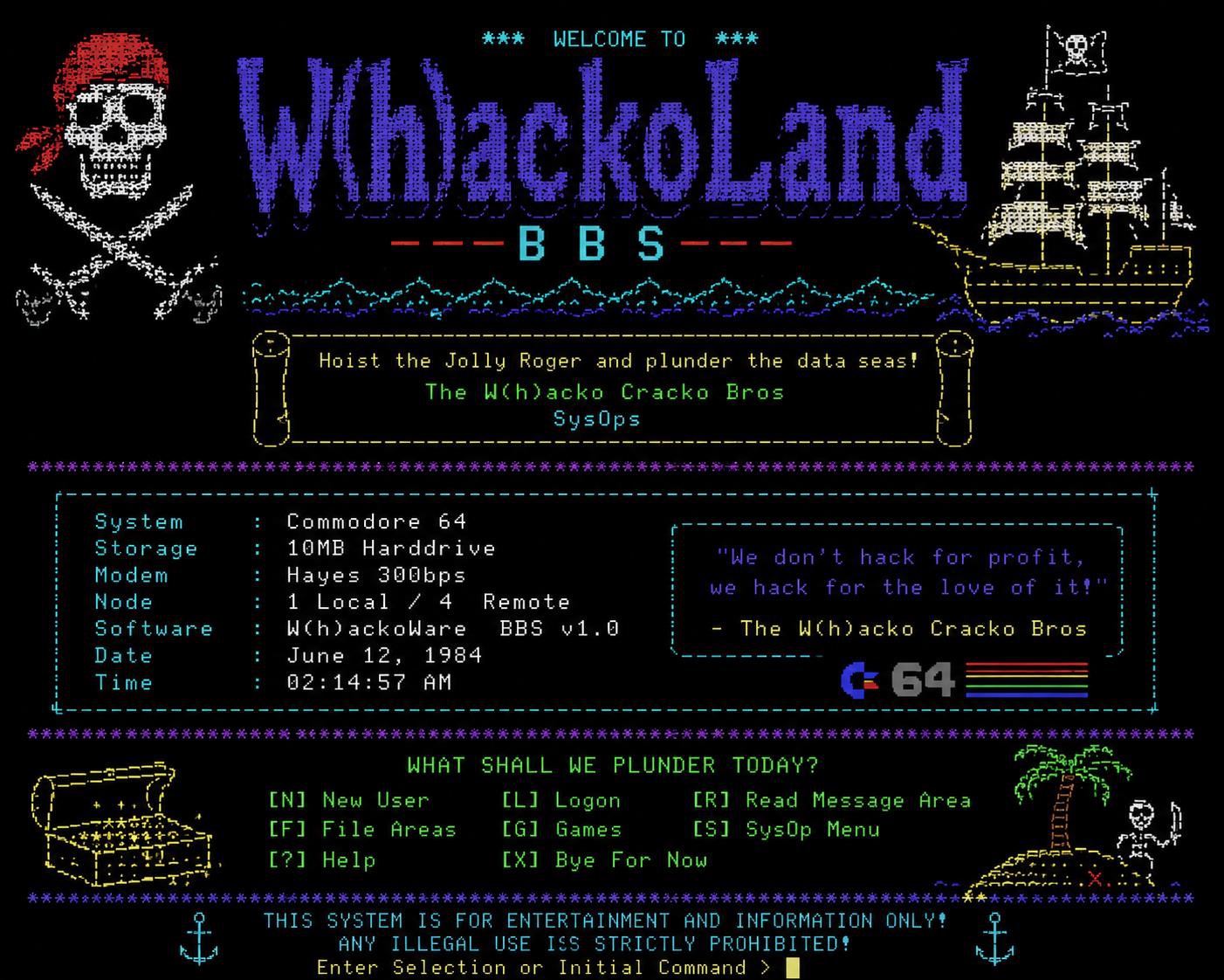 Recreated Whackoland BBS welcome screen in Commodore 64 style, with pirate-themed ASCII art, system details listing a 10MB hard drive and Hayes 300bps modem, and a menu asking 'What shall we plunder today?'
